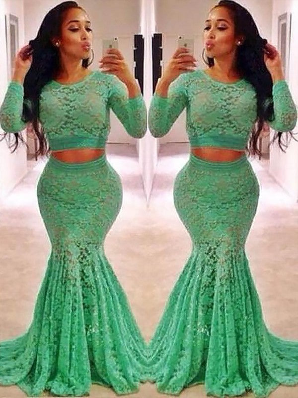 Chic Mermaid Scoop Long Sleeves Lace Ruffles Two Piece Prom Dress-ballbellauk