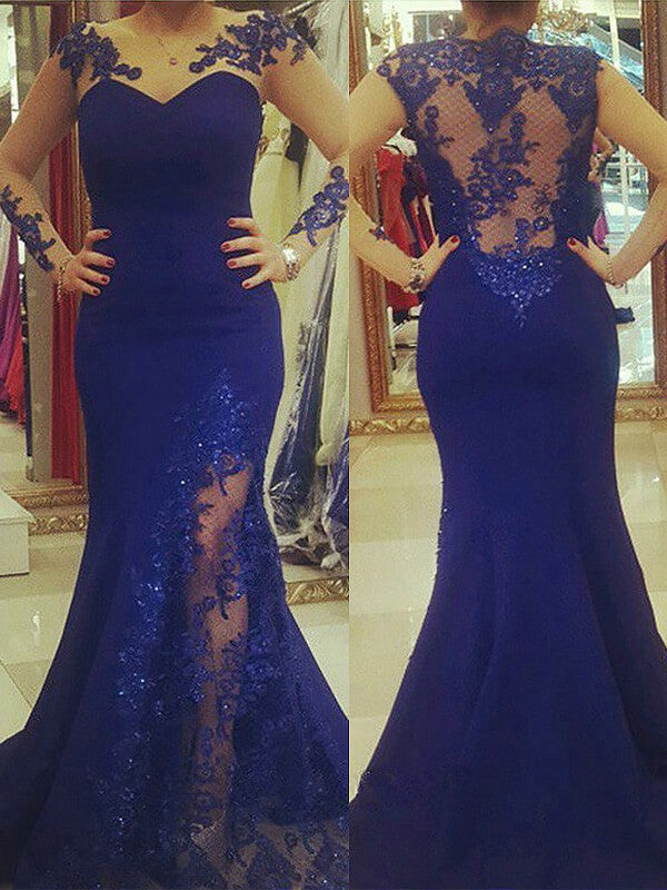 Chic Mermaid Scoop With Appliques Long Sleeves Plus Size Prom Dress-ballbellauk