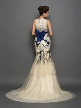 Chic Mermaid Scoop With Appliques Sleeveless Long Tulle Prom Dress-ballbellauk