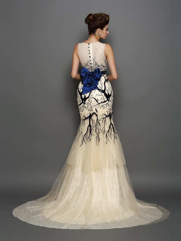 Chic Mermaid Scoop With Appliques Sleeveless Long Tulle Prom Dress-ballbellauk