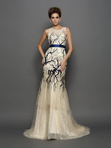 Chic Mermaid Scoop With Appliques Sleeveless Long Tulle Prom Dress-ballbellauk