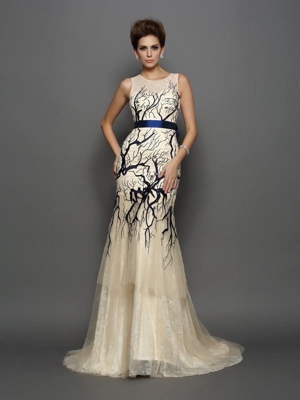 Chic Mermaid Scoop With Appliques Sleeveless Long Tulle Prom Dress-ballbellauk