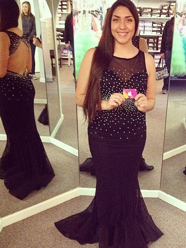 Chic Mermaid Sheer Neck Beading Sleeveless Chiffon Plus Size Prom Dress-ballbellauk
