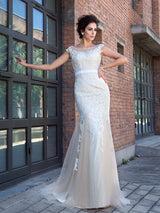 Chic Mermaid Sheer Neck With Appliques Short Sleeves Long Net Prom Dress-ballbellauk