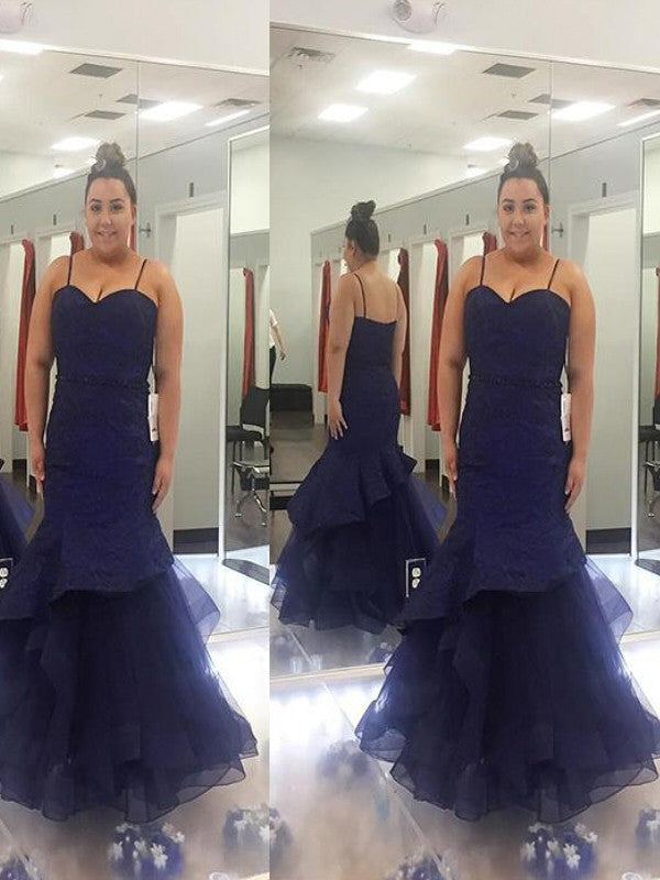 Chic Mermaid Spaghetti-Straps Sleeveless Ruched Long Tulle Plus Size Prom Dress-ballbellauk