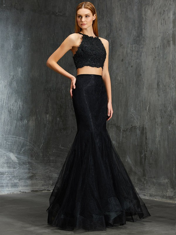 Chic Mermaid Spaghetti-Straps Sleeveless With Appliques Long Net Two Piece Prom Dress-ballbellauk