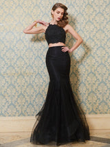 Chic Mermaid Spaghetti-Straps Sleeveless With Appliques Long Tulle Two Piece Prom Dress-ballbellauk