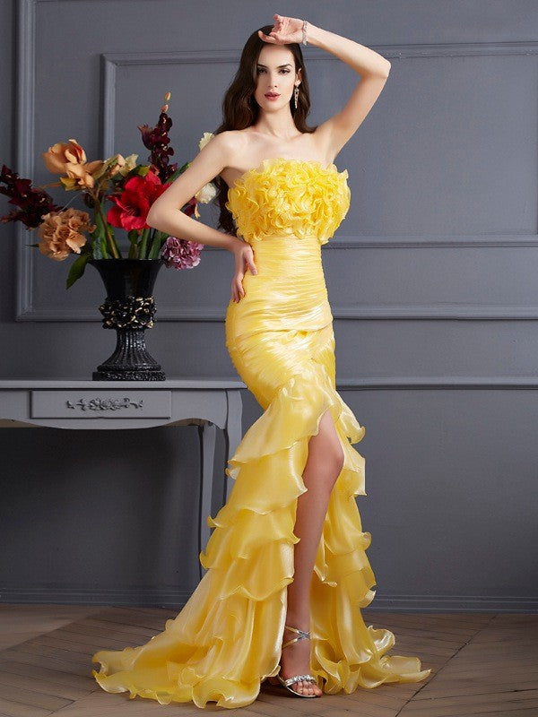 Chic Mermaid Strapless Sleeveless Ruffles Long Tulle Prom Dress-ballbellauk