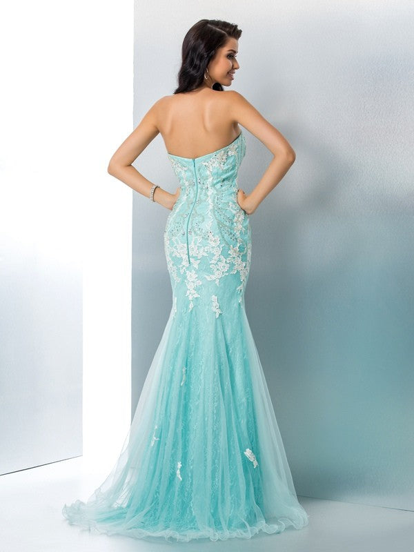 Chic Mermaid Strapless With Appliques Sleeveless Long Lace Prom Dress-ballbellauk