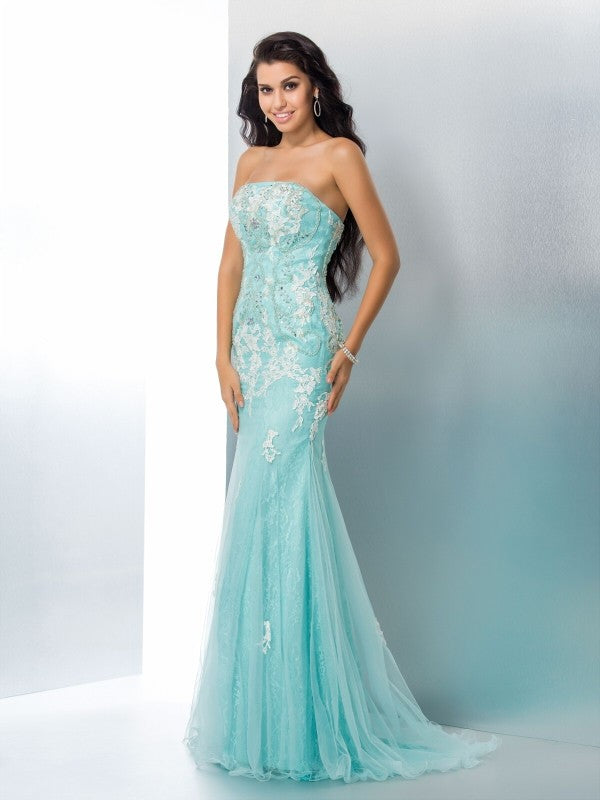Chic Mermaid Strapless With Appliques Sleeveless Long Lace Prom Dress-ballbellauk