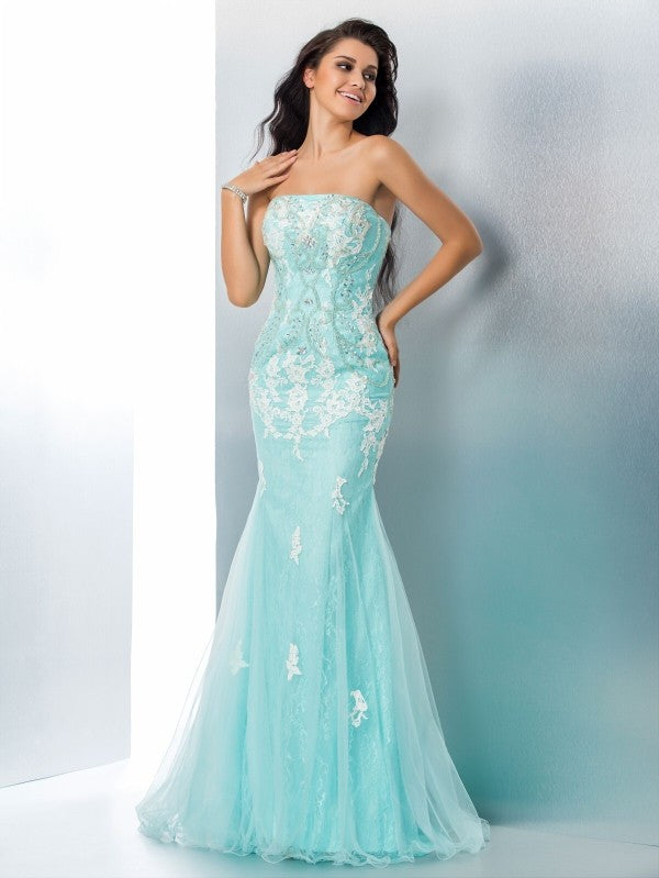 Chic Mermaid Strapless With Appliques Sleeveless Long Lace Prom Dress-ballbellauk