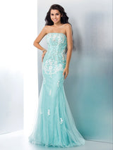 Chic Mermaid Strapless With Appliques Sleeveless Long Lace Prom Dress-ballbellauk