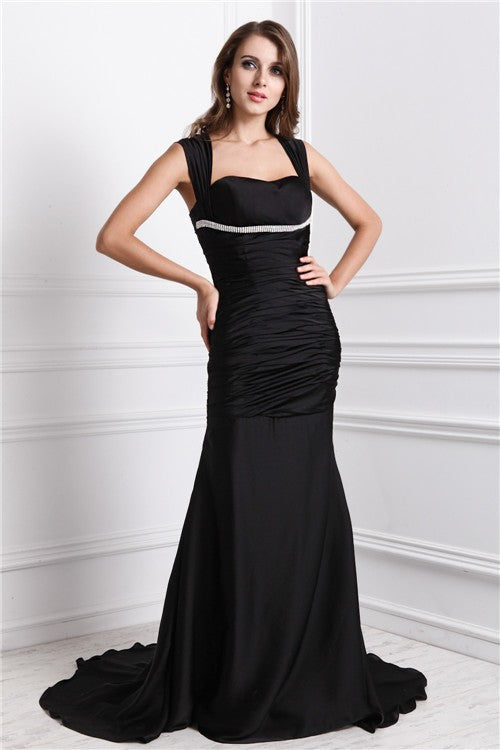 Chic Mermaid Straps Sleeveless Long Beading Charmeuse Prom Dress-ballbellauk