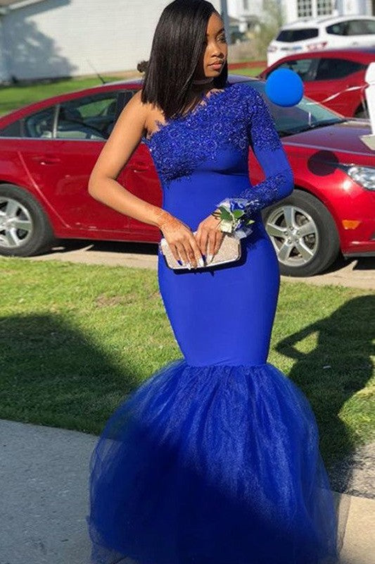 Chic Mermaid Stretch Crepe With Appliques One-Shoulder Long Sleeves Prom Dress-ballbellauk