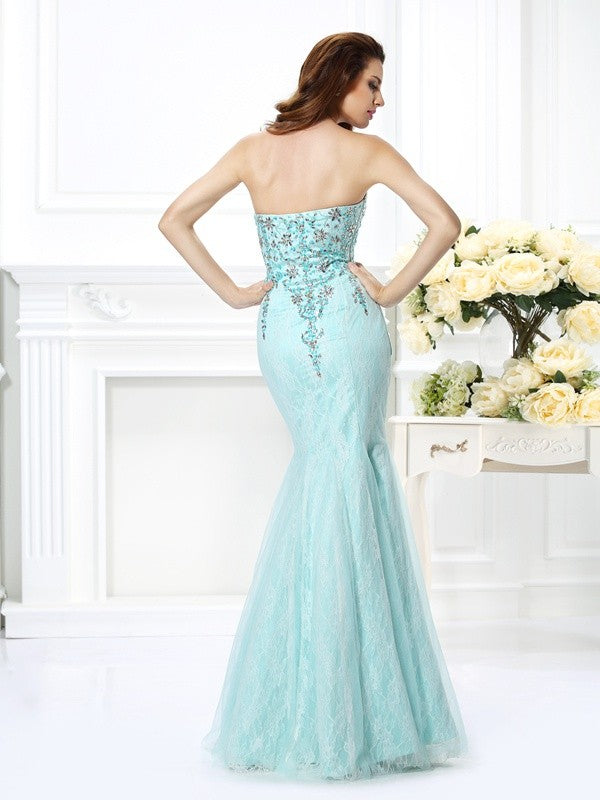 Chic Mermaid Sweetheart Beading Lace Sleeveless Long Net Prom Dress-ballbellauk