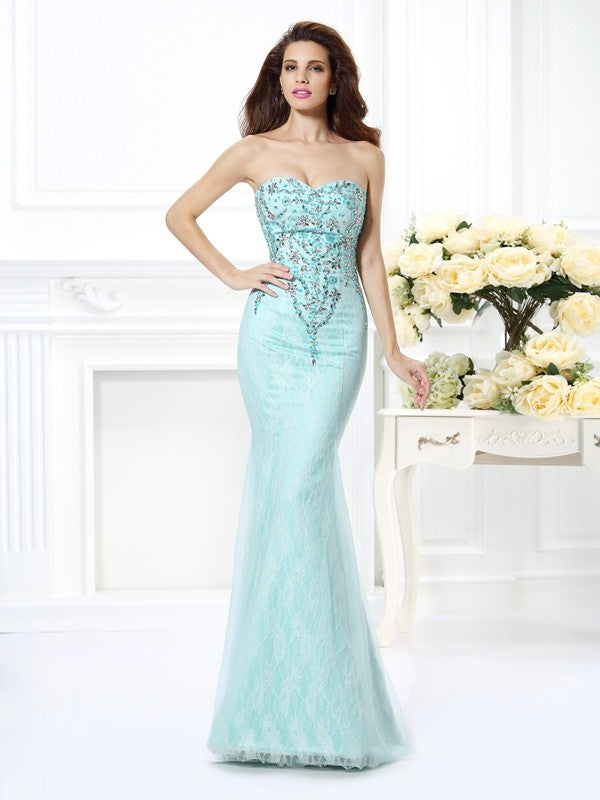 Chic Mermaid Sweetheart Beading Lace Sleeveless Long Net Prom Dress-ballbellauk