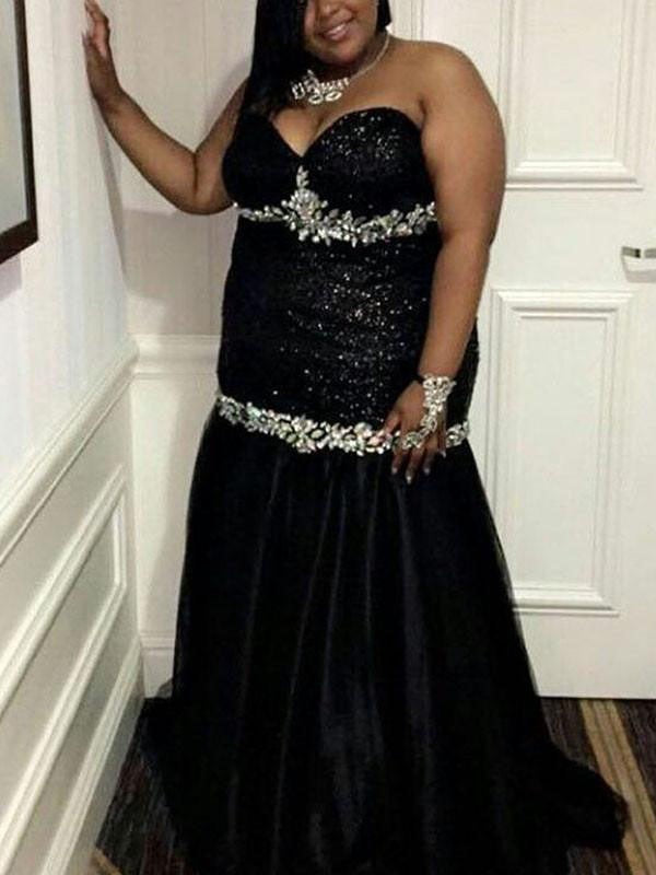 Chic Mermaid Sweetheart Beading Sleeveless Elastic Woven Satin Plus Size Prom Dress-ballbellauk