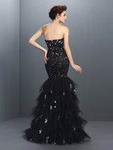 Chic Mermaid Sweetheart Paillette Sleeveless Long Net Prom Dress-ballbellauk