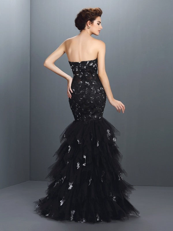 Chic Mermaid Sweetheart Paillette Sleeveless Long Net Prom Dress-ballbellauk