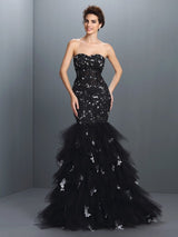 Chic Mermaid Sweetheart Paillette Sleeveless Long Net Prom Dress-ballbellauk