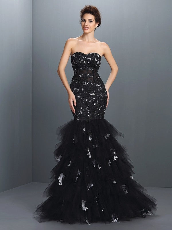 Chic Mermaid Sweetheart Paillette Sleeveless Long Net Prom Dress-ballbellauk