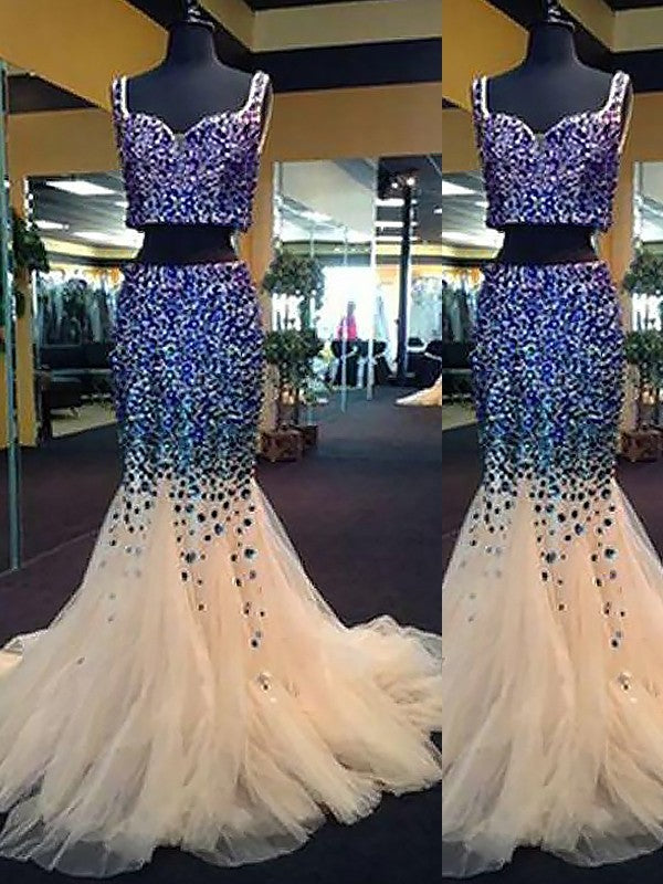 Chic Mermaid Sweetheart Sleeveless Tulle Beading Two Piece Prom Dress-ballbellauk