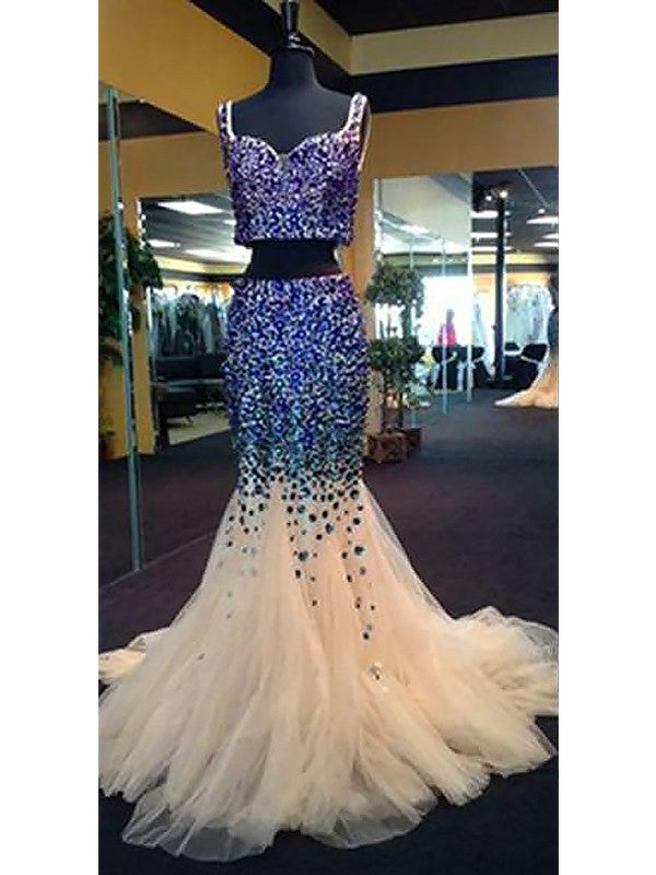 Chic Mermaid Sweetheart Sleeveless Tulle Beading Two Piece Prom Dress-ballbellauk