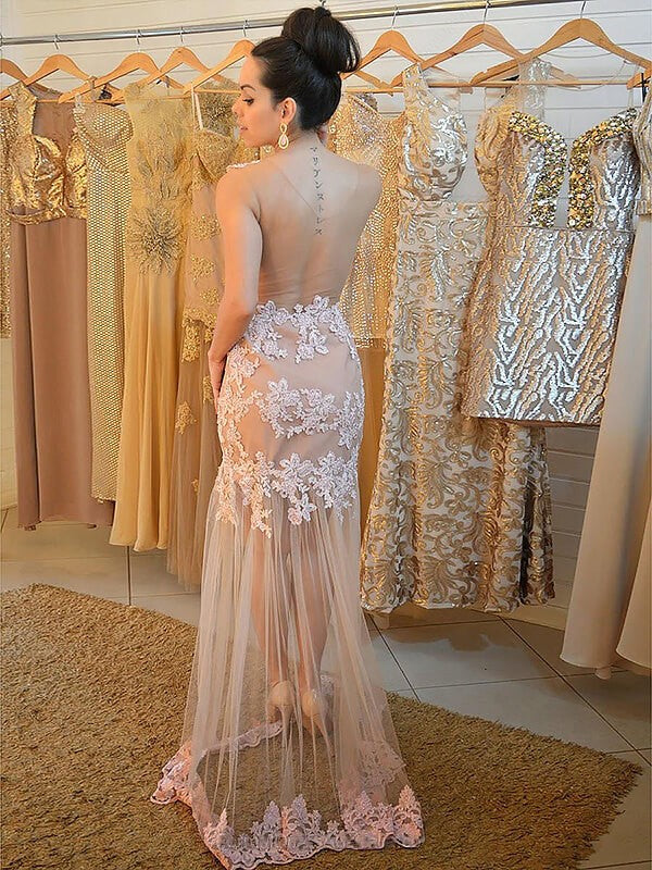 Chic Mermaid Tulle Scoop With Appliques Sleeveless Plus Size Prom Dress-ballbellauk