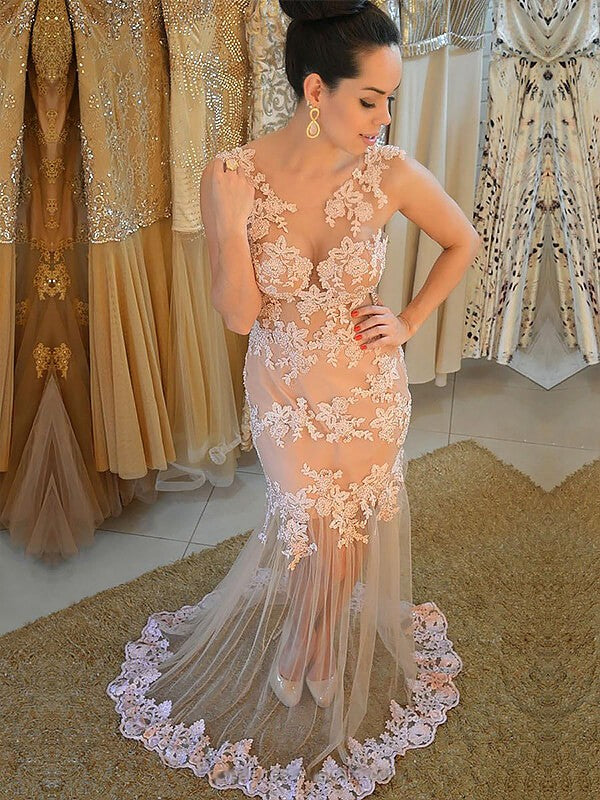Chic Mermaid Tulle Scoop With Appliques Sleeveless Plus Size Prom Dress-ballbellauk