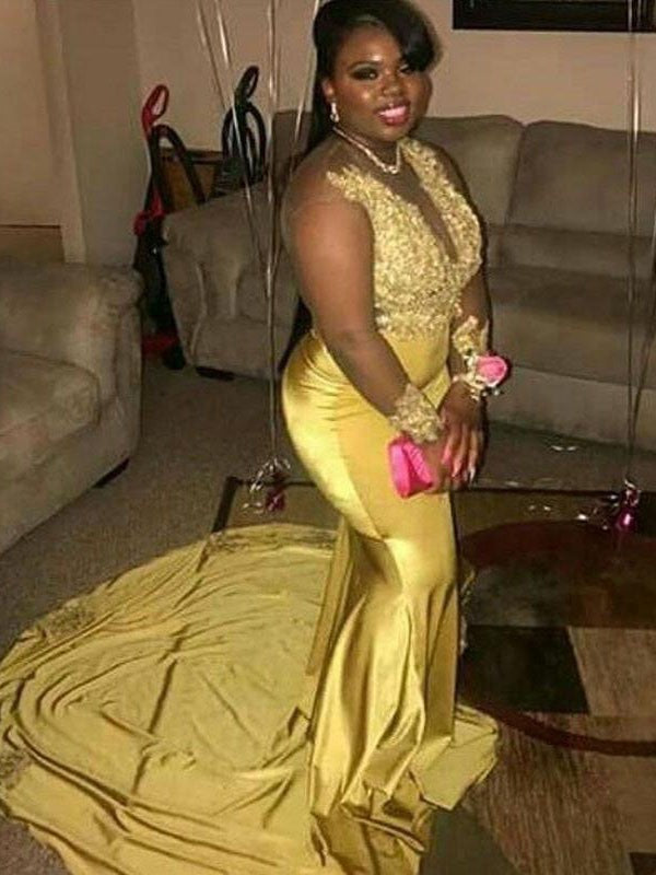 Chic Mermaid V-neck Sleeveless With Appliques Court Train Elastic Woven Satin Plus Size Prom Dress-ballbellauk