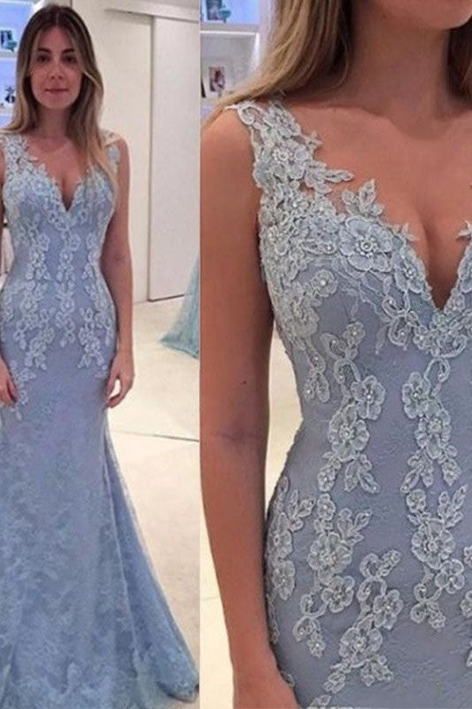 Chic Mermaid V-neck Sleeveless With Appliques Lace Dress-ballbellauk