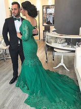 Chic Mermaid V-neck Tulle With Appliques 3/4 Sleeves Plus Size Prom Dress-ballbellauk