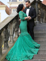 Chic Mermaid V-neck Tulle With Appliques 3/4 Sleeves Plus Size Prom Dress-ballbellauk