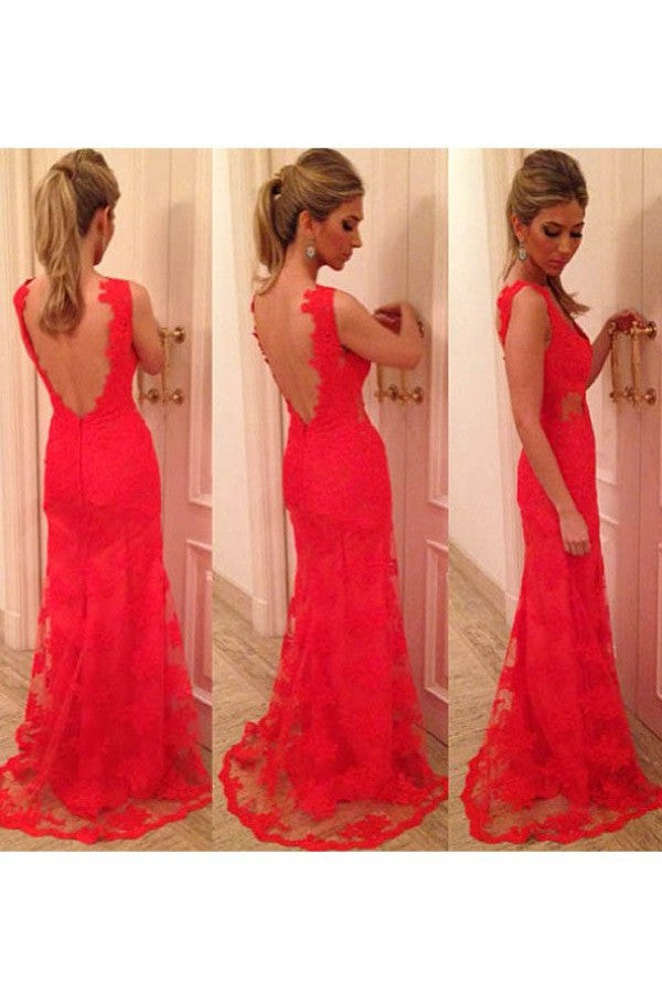 Chic Mermaid V-neck With Appliques Sleeveless Lace Backless Long Dress-ballbellauk