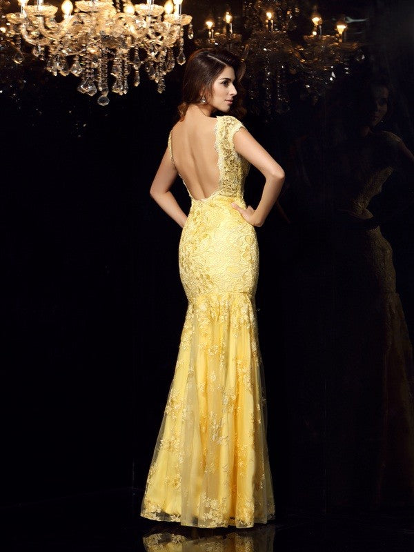 Chic Mermaid V-neck With Appliques Sleeveless Long Lace Prom Dress-ballbellauk
