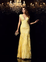 Chic Mermaid V-neck With Appliques Sleeveless Long Lace Prom Dress-ballbellauk