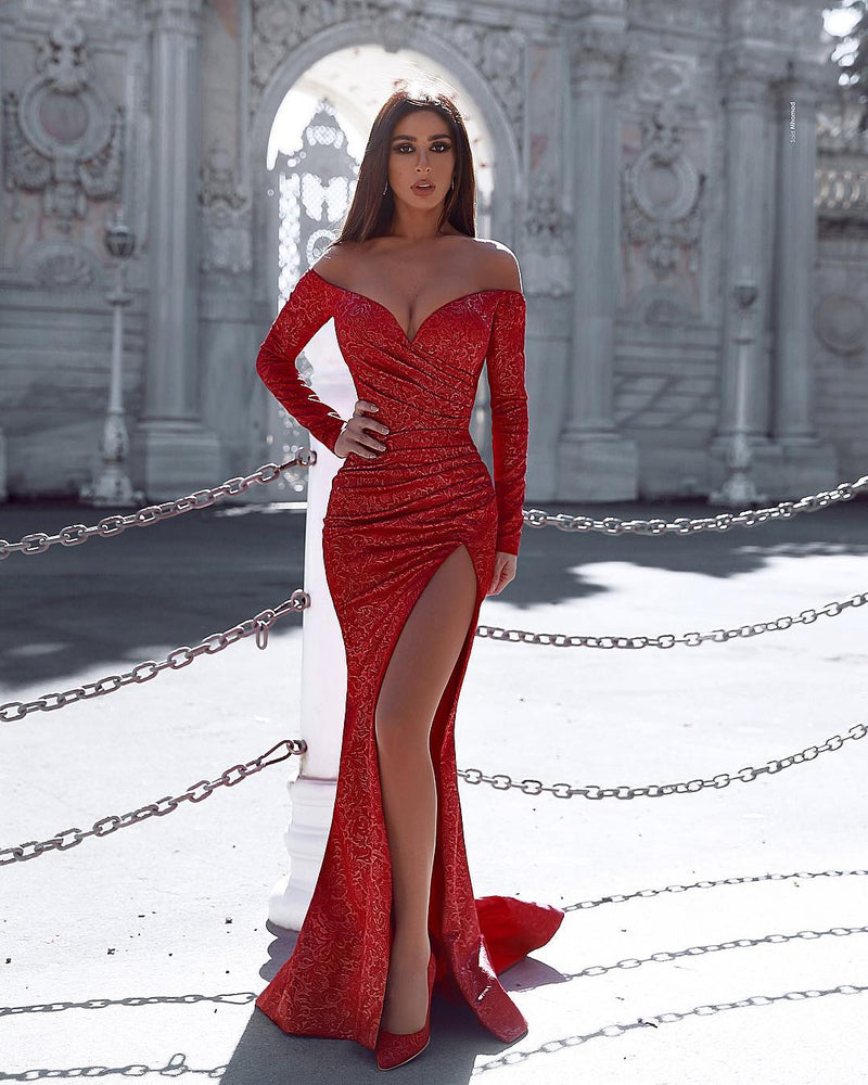 Chic Off-the-Shoulder Lace Mermaid Prom Dress UK with Front Split-ballbellauk