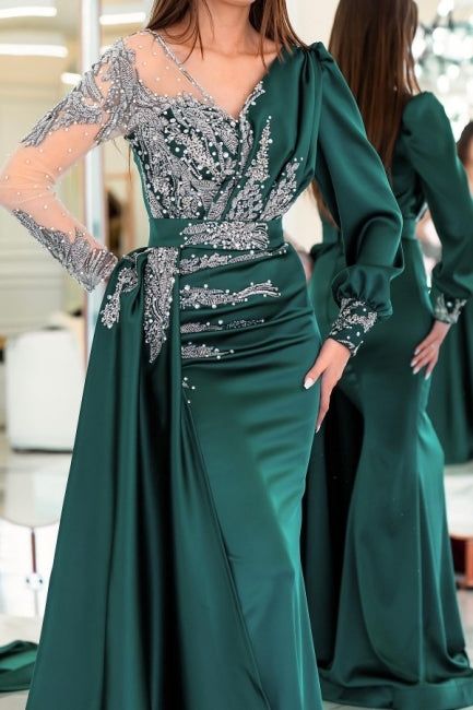 Chic V-Neck Long Sleevess Column Mermaid Prom Dresses With Ruffles-ballbellauk