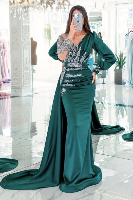 Chic V-Neck Long Sleevess Column Mermaid Prom Dresses With Ruffles-ballbellauk