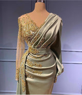 Chic V-Neck Mermaid Ball Dresses Long Prom Dress With Appliques Long Sleeves-ballbellauk