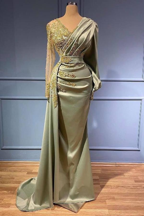 Chic V-Neck Mermaid Ball Dresses Long Prom Dress With Appliques Long Sleeves-ballbellauk