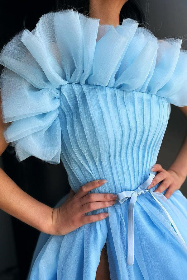 Classic Blue A-lineTulle Floor-length Prom Dress Side-cut-ballbellauk