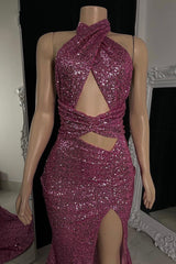 Classic Halter Pink Formal Wears Sequins Sleeveless Long With Split-ballbellauk