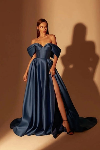 navy blue classic dresses Navy Blue Blue Off The Shoulder Ball Gown Classic Long Navy Blue A-line  Off-the-