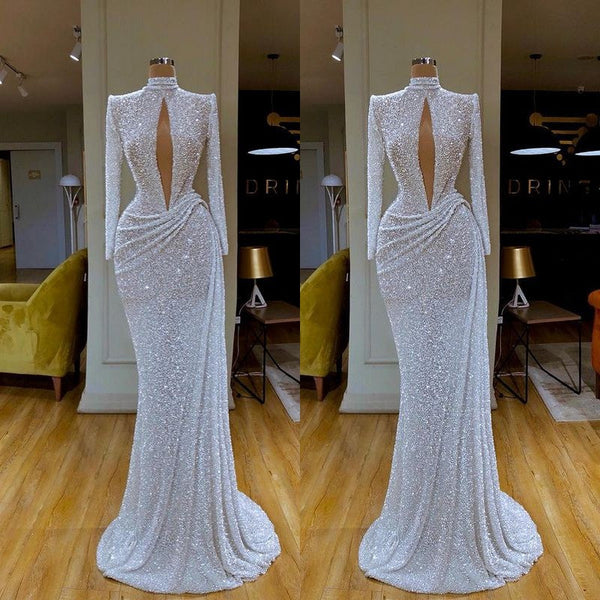 Classic Long Sleeve Sequins Prom Dress Mermaid Long High Neck-ballbellauk