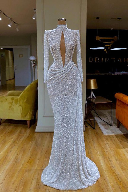 Classic Long Sleeve Sequins Prom Dress Mermaid Long High Neck-ballbellauk