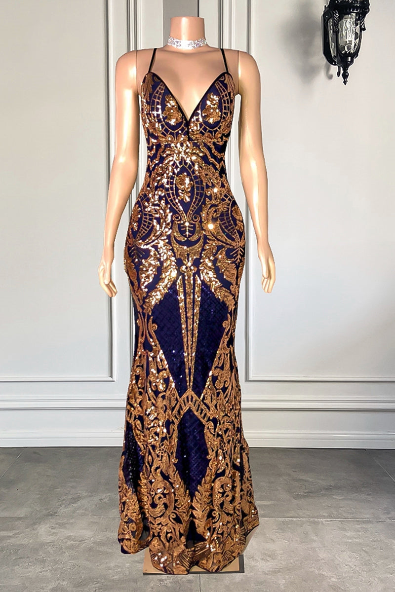 Classic Spaghetti-Straps Sequins Mermaid Formal Wears Long V-Neck-ballbellauk