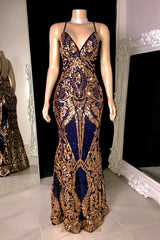 Classic Spaghetti-Straps Sequins Mermaid Formal Wears Long V-Neck-ballbellauk