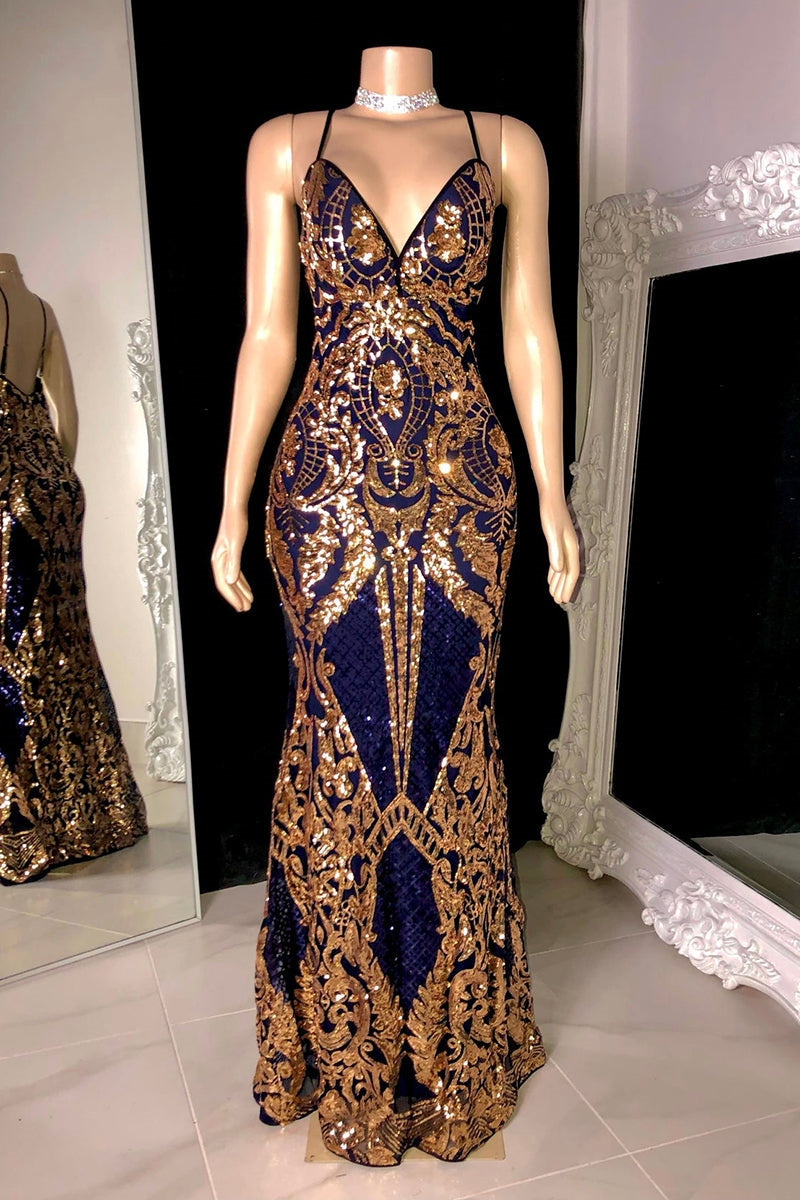 Classic Spaghetti-Straps Sequins Mermaid Formal Wears Long V-Neck-ballbellauk