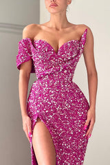 Classic Sparkle One-shoulder Sweetheart Mermaid Sequin Evening Dresses-ballbellauk